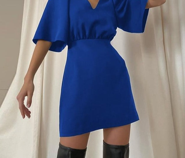 Elegant V-Neck Short Sleeve Solid A-Line Dress - LEPITON