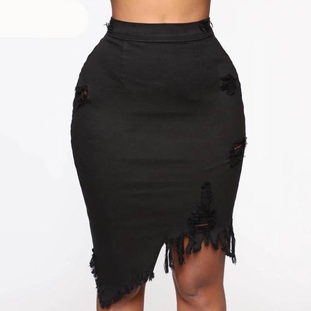 Asymmetric Hole Denim High-Waist Midi Skirt With Tassel - LEPITON