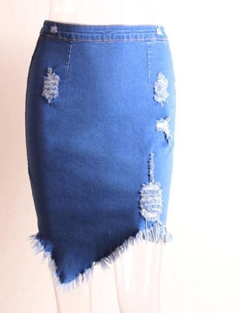 Asymmetric Hole Denim High-Waist Midi Skirt With Tassel - LEPITON