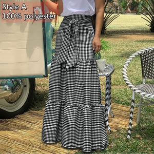 High-Waist Plaid Check Loose Printed Belted Pleated Maxi Skirt - LEPITON