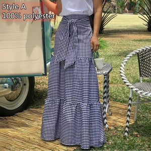 High-Waist Plaid Check Loose Printed Belted Pleated Maxi Skirt - LEPITON