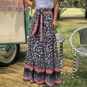 High-Waist Plaid Check Loose Printed Belted Pleated Maxi Skirt - LEPITON