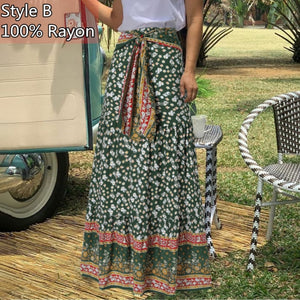 High-Waist Plaid Check Loose Printed Belted Pleated Maxi Skirt - LEPITON