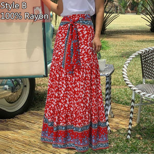 High-Waist Plaid Check Loose Printed Belted Pleated Maxi Skirt - LEPITON