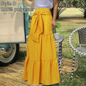 High-Waist Plaid Check Loose Printed Belted Pleated Maxi Skirt - LEPITON