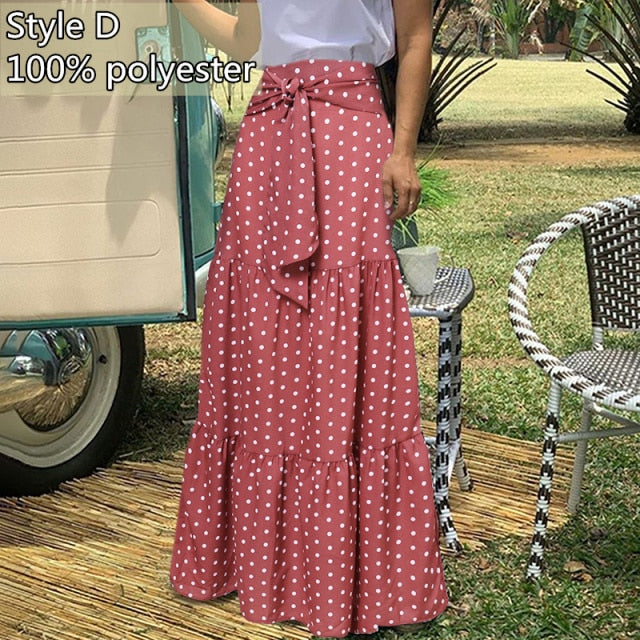 High-Waist Plaid Check Loose Printed Belted Pleated Maxi Skirt - LEPITON