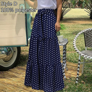 High-Waist Plaid Check Loose Printed Belted Pleated Maxi Skirt - LEPITON