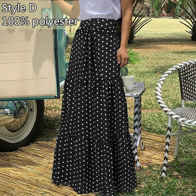 High-Waist Plaid Check Loose Printed Belted Pleated Maxi Skirt - LEPITON