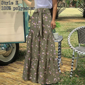 High-Waist Plaid Check Loose Printed Belted Pleated Maxi Skirt - LEPITON