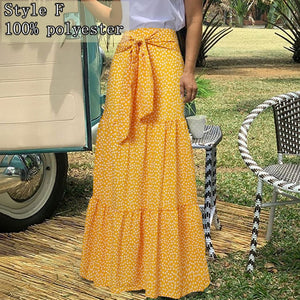 High-Waist Plaid Check Loose Printed Belted Pleated Maxi Skirt - LEPITON