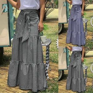 High-Waist Plaid Check Loose Printed Belted Pleated Maxi Skirt - LEPITON