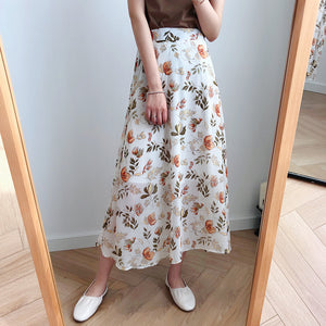 High-Waist Chiffon Floral Midi Skirt - LEPITON